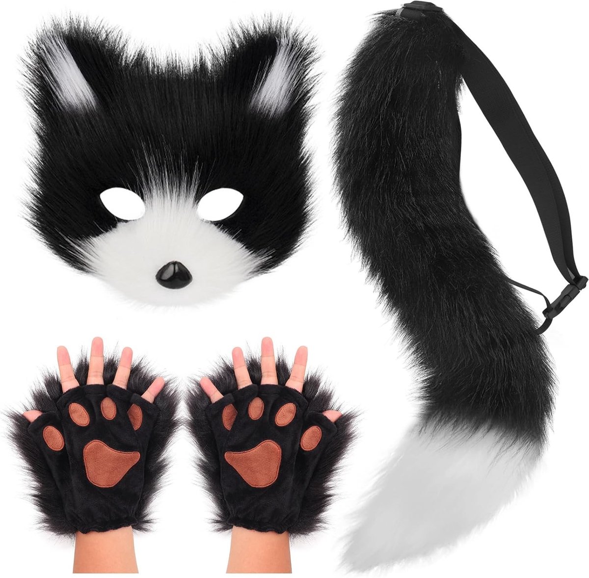 Fluffy Faux Fur Kat en Wolf Staart Cosplay Set met Masker en Handschoenen voor Halloween Feestjes en Kostuums