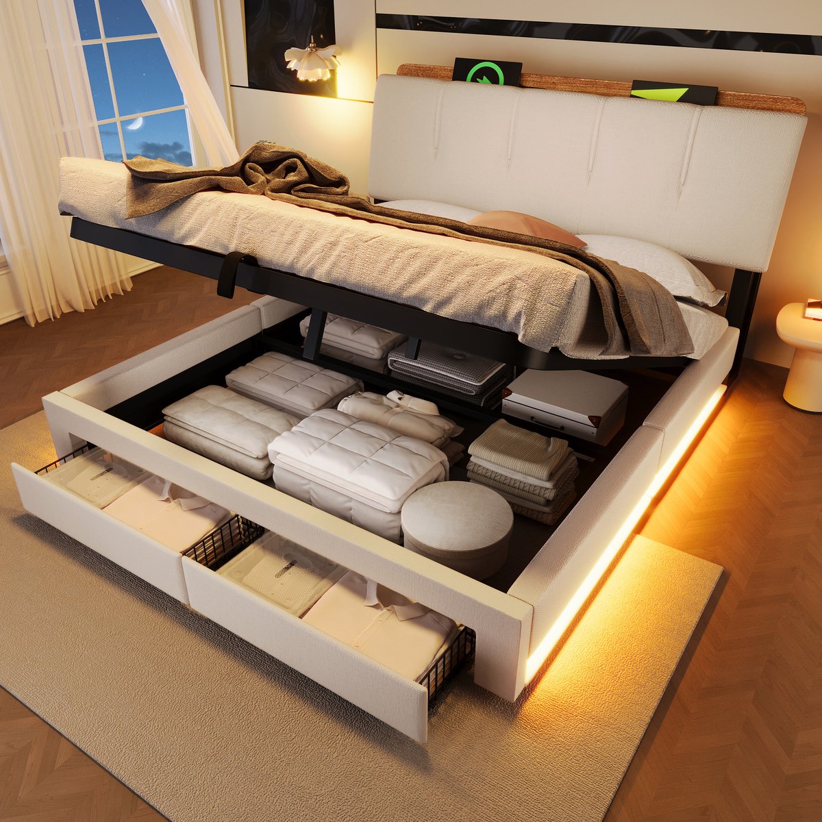 Wishdor Tweepersoonsbed 140x200 cm - Met hydraulische opbergruimte en lades - LED verlichting en USB poorten - Gecapitonneerd hoofdbord - Voor slaapkamer - Beige