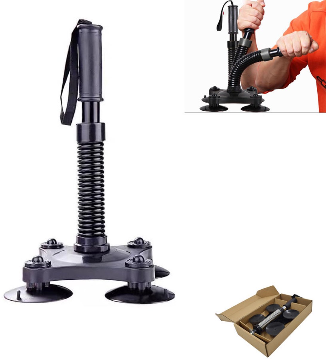 Trainingsmateriaal voor armworstelen - Handtrainer - Onderarmtrainer - Armversterker met veer (45-50lbs) - 21,5 x 21,5 x 37 cm - Zuignap - Geschikt voor beginners en gevorderden - Zwart