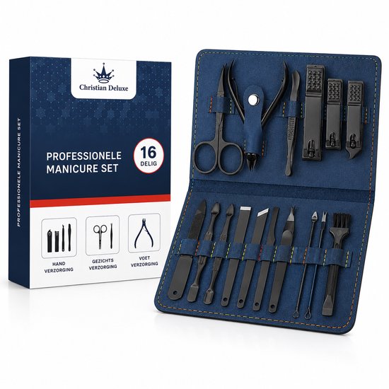 Professionele 16-delige manicure set van Christian Deluxe in donkerblauw etui, met diverse zwarte manicure-instrumenten.