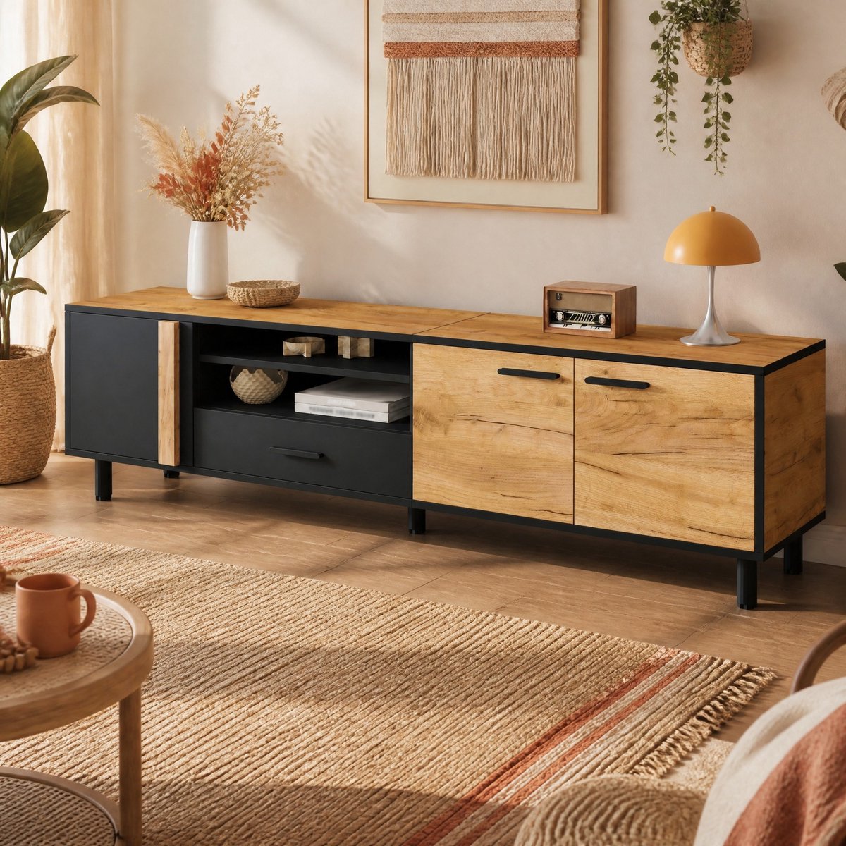 REDOM - TV-meubel - 180 cm breed - 3 deuren - 1 lade - open vak - 5 poten - Spaanplaat - Zwart en houtlook - tot 80 inch