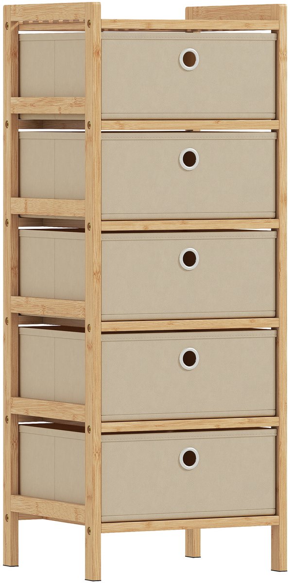 TEKROA® Ladekasten - Commode met 5 stoffen lades - bamboe frame - dressoir voor kleine ruimtes - crème en naturel - 33x29x85 cm