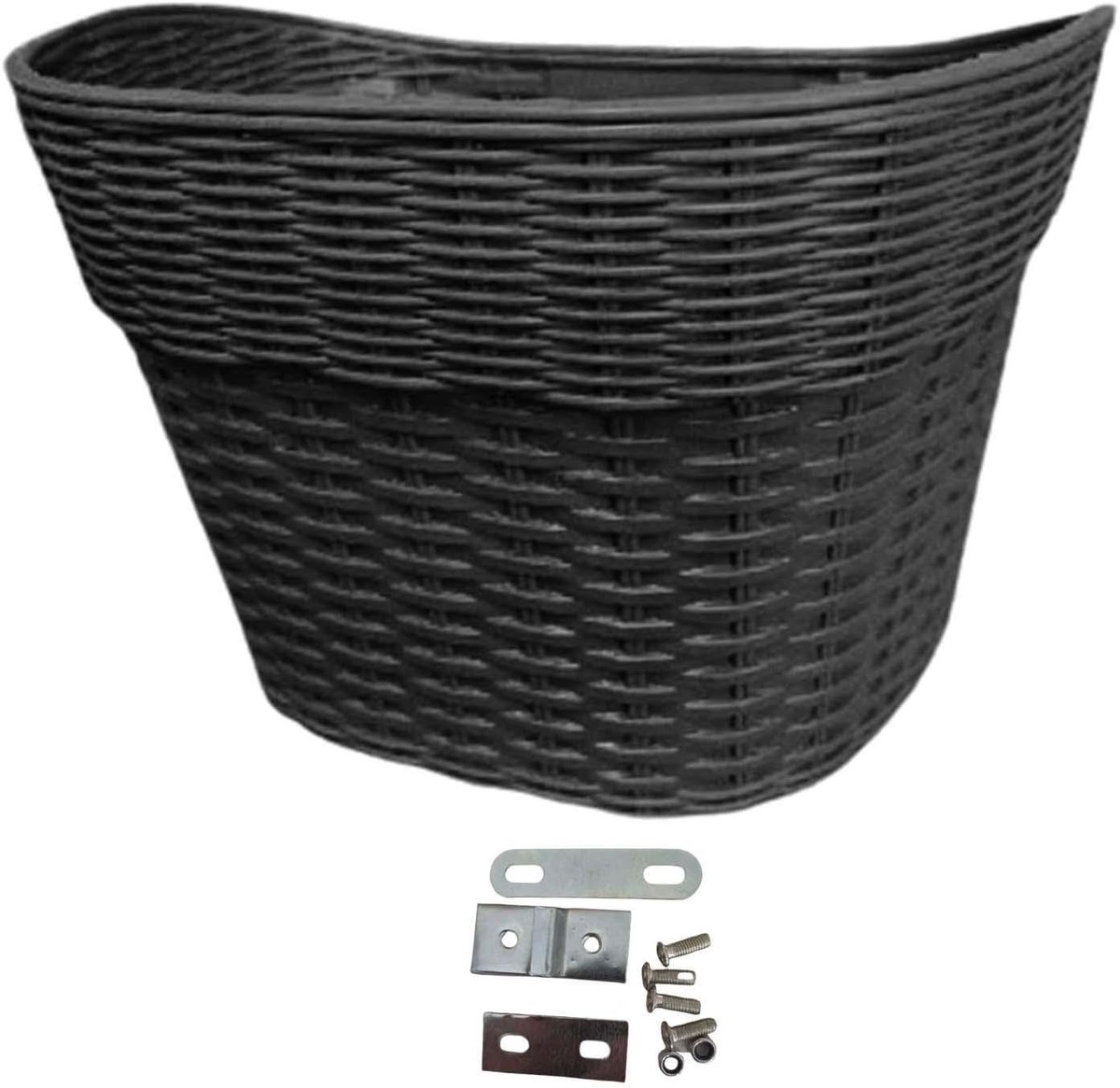 Zwarte kunststof geweven fietsmand 28x20x22 cm, schuine voorkant fietskorf inclusief montageset en schroevendraaier, geschikt voor kinderfiets, e-bike en scooter