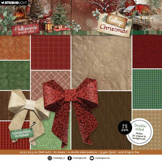 Dubbelzijdige papieren van 20,3 x 20,3 cm met kerstthema: ruitjes, kersen, kerstboom, bos en open haard.