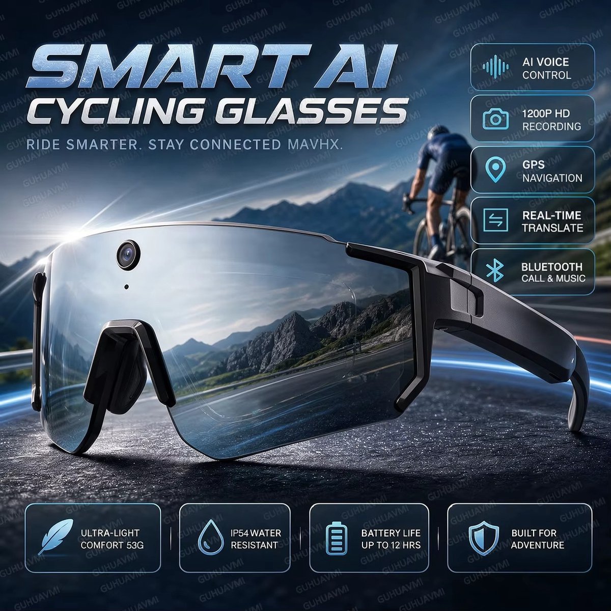 CreateEcom Bril met camera - smart bril - sportbril - Fietszonnebril 800W HD Camera - 1200P Video-opname - Spraakassistent - Bluetooth WiFi Smart Bril - 140+ Taalvertaling