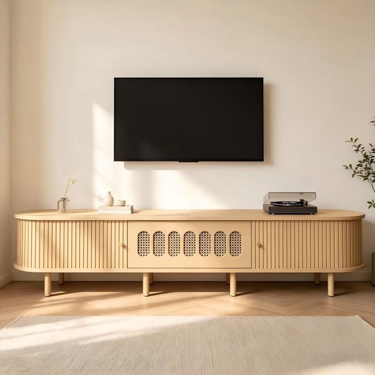 STILVORA TV Meubel 180 Cm - Licht Houtkleur Met Rotan Details En Klepdeur - Voor Woonkamer En 75 Inch Tv - MDF - 180x40x40 Cm Natural
