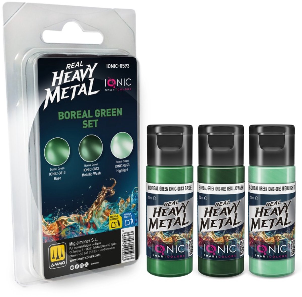 AMMO by Mig Jimenez Hobbyverf Acrylverf - MIG IO0593 Ionic Smart Colors - Real Heavy Metal - Noorderlicht Groen Kleurenset - Acryl Set 3x20 ml Verf set - 3x 20 ml
