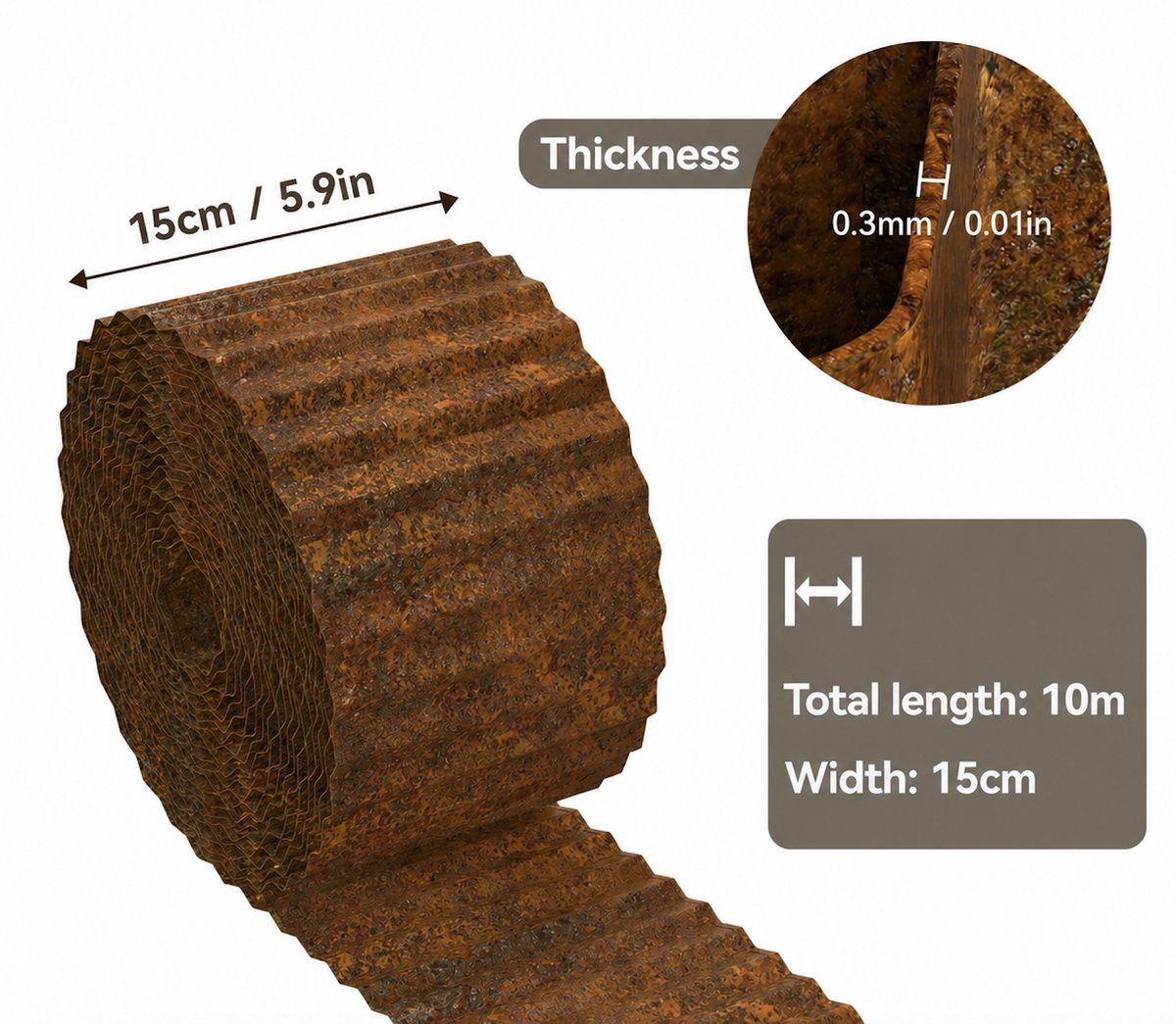 VidaStore borderrand cortenstaal 10 meter relief - Borderrand - Cortenstaal borderrand - Gazonrand - 15 cm hoog - 10 meter lang