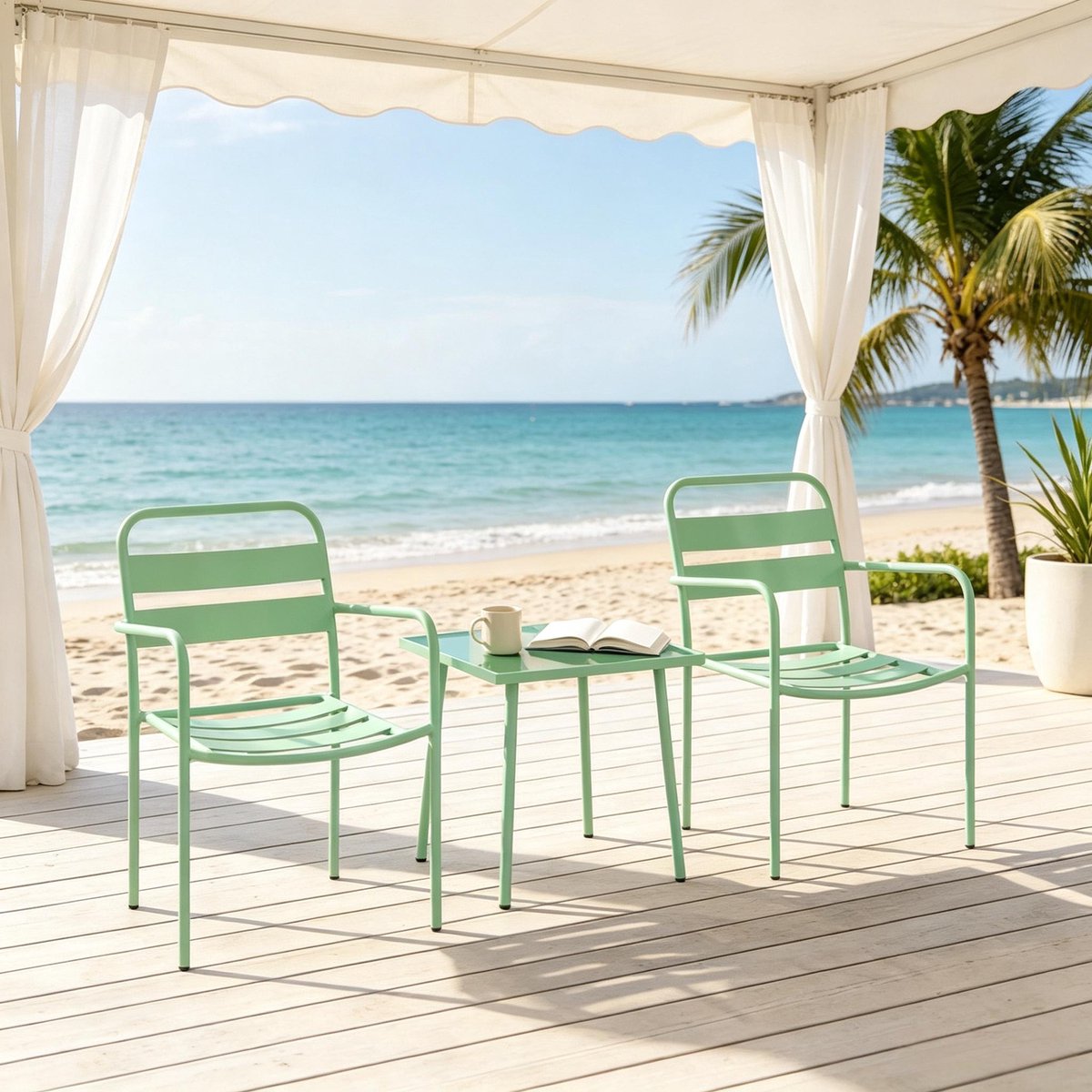 MIVRAY Bistroset 3-Delig 50x50 Cm - 2 Stoelen Met Armleuningen En Vierkante Tafel - Voor Tuin Balkon En Terras - Staal En Gehard Glas Groen