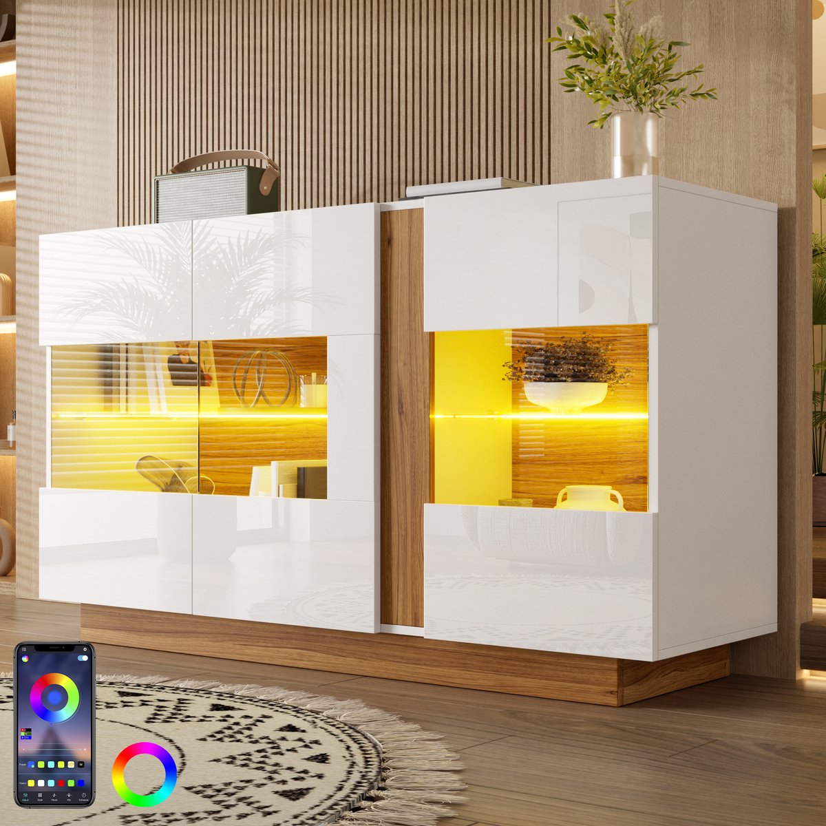 OKWISH Dressoir - Modern Design Met 3 Acryl Deuren - Dimbare LED Verlichting - Voor Woonkamer Hal En Slaapkamer - Wit Naturel - 120x38x80 Cm