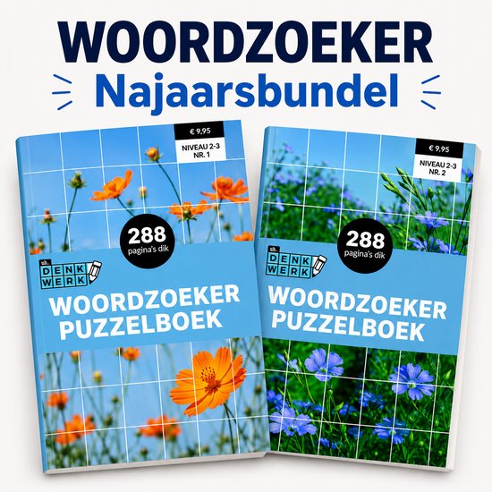 Twee woordzoekpuzzelboeken: "Najaarsbundel" met oranje bloemen, en "Najaarsbundel" met blauwe bloemen. Beide 288 pagina's.