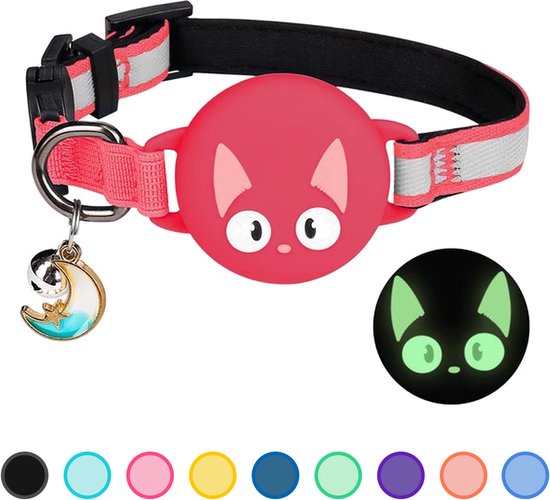 Rode kattenhalsband met reflecterende band, een rode kattenkop-cover en een maanbedel.