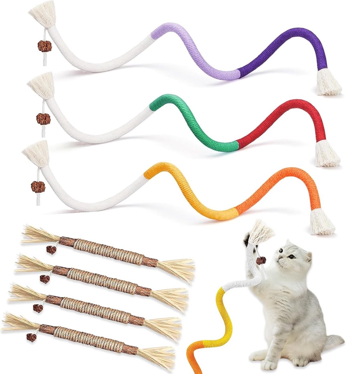 Voerpuzzel voor kat - Veelkleurig - 3 bijttouwen en 4 kattenkruidstokjes - Natuurlijke katoenen touw en kruiden - Voor katten