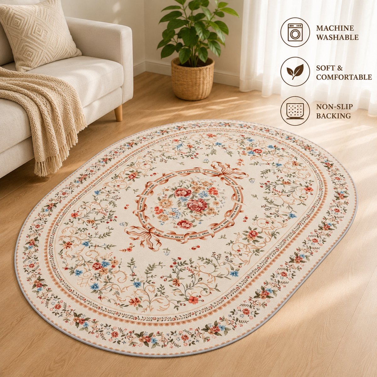 Luxe ovaal vloerkleed voor woonkamer, slaapkamer en eetkamer - Europees bloemmotief, laagpolig, geweven, machinewasbaar, zacht velvet, modern en groot formaat