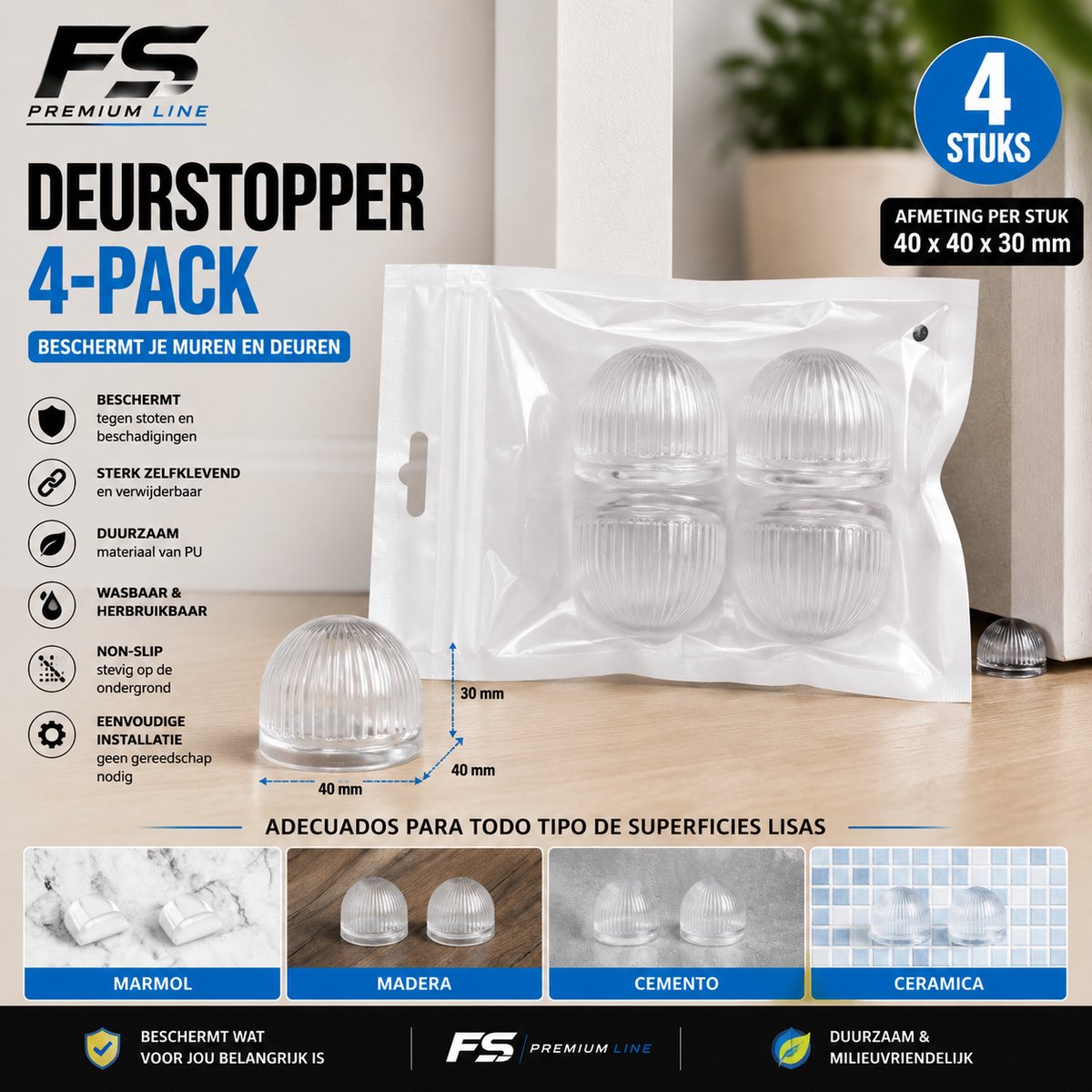4 Pack! Deurstopper zelfklevend, FS Premium Line Deurstopper 4-Pack – Transparant – Zelfklevende PU Deurstoppers – Siliconen Deurstop – Schokdempend – Wasbaar & Herbruikbaar – Antislip – Deur- en Wandbescherming