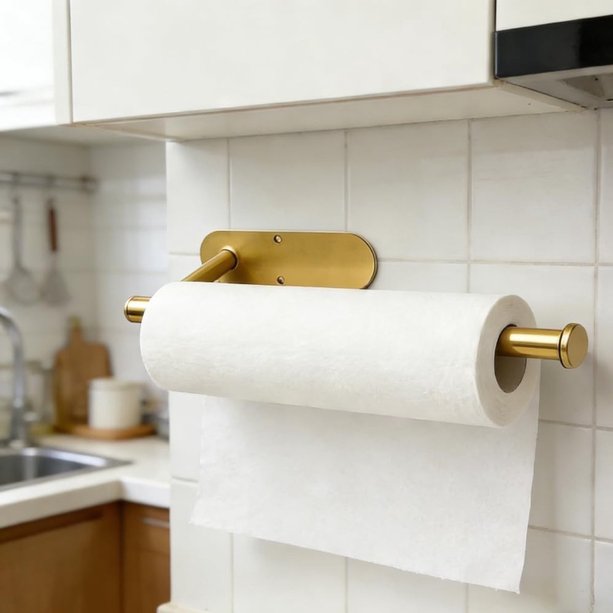 Keukenrolhouder - Goud - Wandmontage Zonder Boren - Roestvrij Staal - Voor Keuken