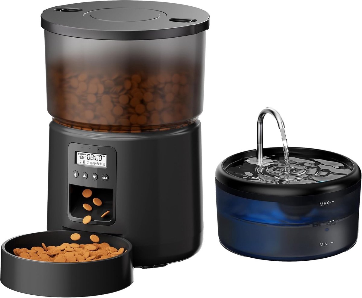 Waterfontein voor kat - Zwart - 3L voerbak & 2,4L drinkfontein - Automatische voerdispenser met timer - Voor binnengebruik