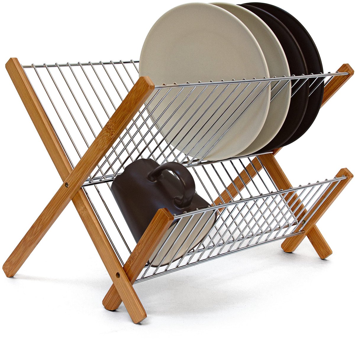 Famanu – Inklapbaar afdruiprek voor borden en kopjes, bamboe en metaal, afwasrek met afmetingen 27 x 39 x 29 cm in naturel