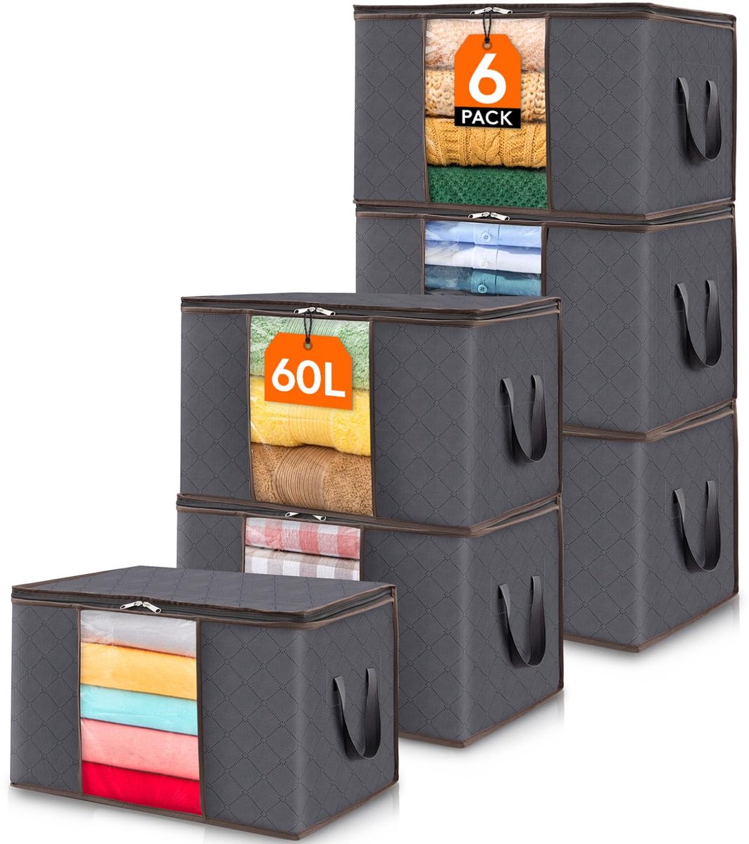 Famanu – Opbergtas voor kleding, opvouwbare opbergbox, grote verhuisdozen met deksel voor dekens, speelgoed en textiel, grijs, 60 L, set van 6