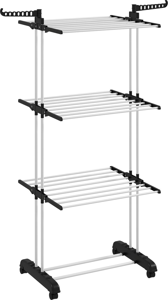 Opvouwbaar droogrek op wielen - 3 niveaus - stalen frame - met uitklapbare zijvleugels - 73 x 64 x 177 cm - zwart/zilver