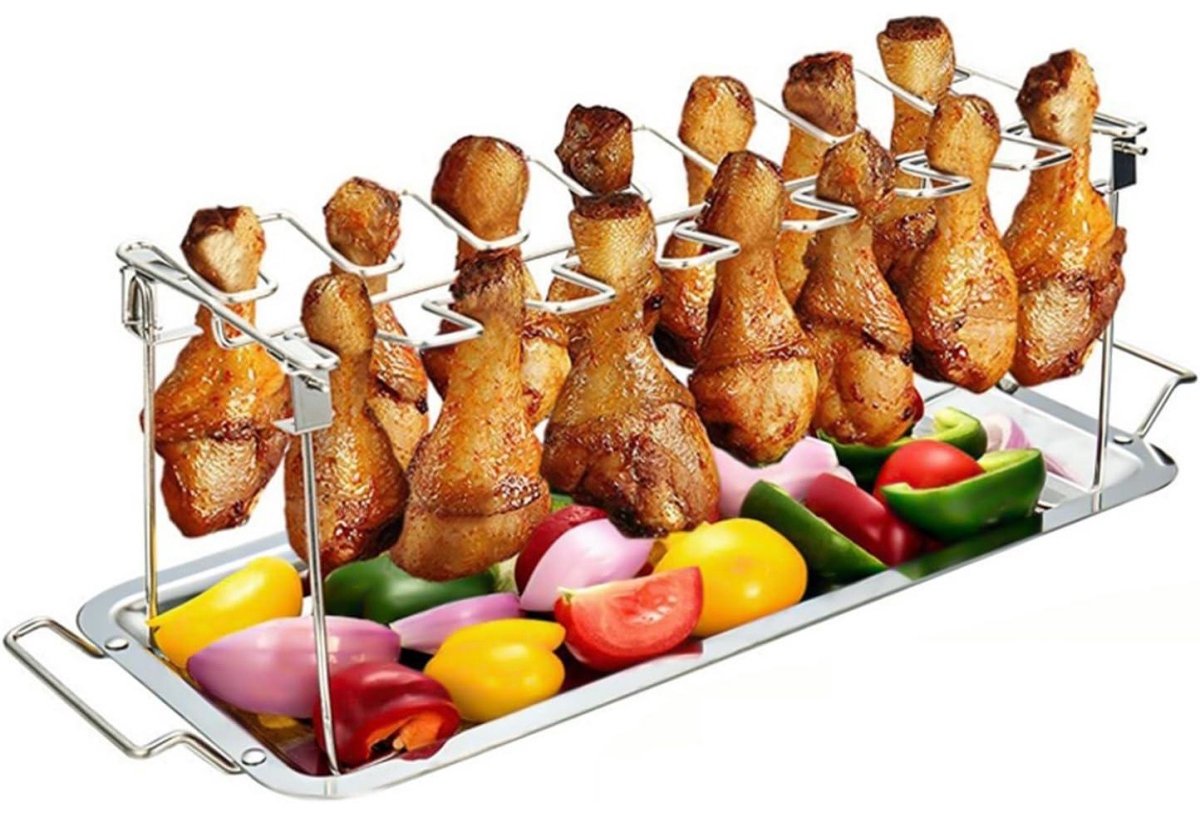 GELLDG Barbecuegrill met 14 sleuven - Hähnchenschenkel Halter - 43.5x14.3cm - Met Opvanglade - Geschikt voor Kippenbouten - Metaal - Complete Set voor Gemakkelijke Opslag