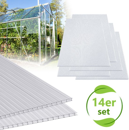 Een kas en transparante, geribbelde polycarbonaat platen, 14 stuks.