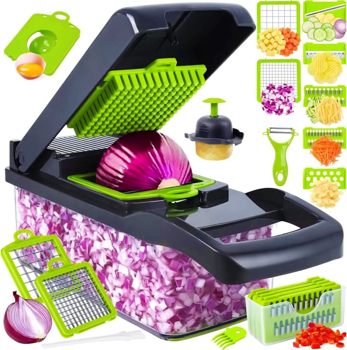 16-in-1 Groentesnijder - Groentehakker - Groenteschaaf - Mandoline - Dicer - Groente- en Fruitsnijder - Groente Snijder - Komkommer Snijder - Wortelsnijder - Uiensnijder - Aardappelsnijder - Groenten en Fruit - Keukensnijder
