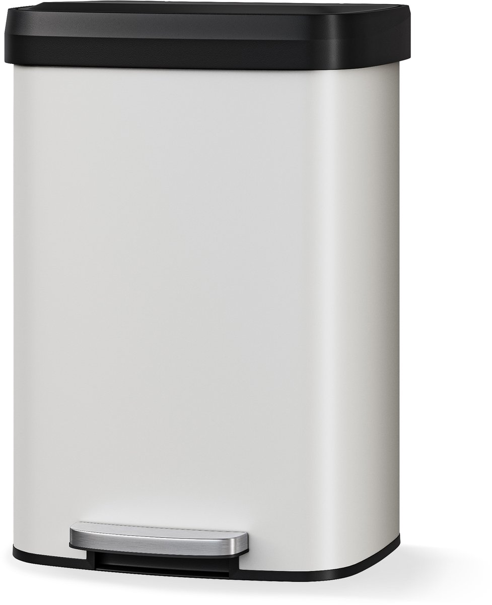 Pedaalemmer - 40.4x38x58.6cm - Prullenbak RVS 50L - Keuken Prullenbak - Plastic Soft Close Deksel - Vingerafdrukbestendig - Zonder Binnenemmer - Voor Keuken Badkamer - Wit