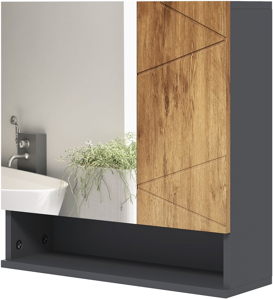 Wandkast met spiegel - 2 deuren - verstelbare planken - modern design - 55 x 17 x 55 cm - natuur/donkergrijs