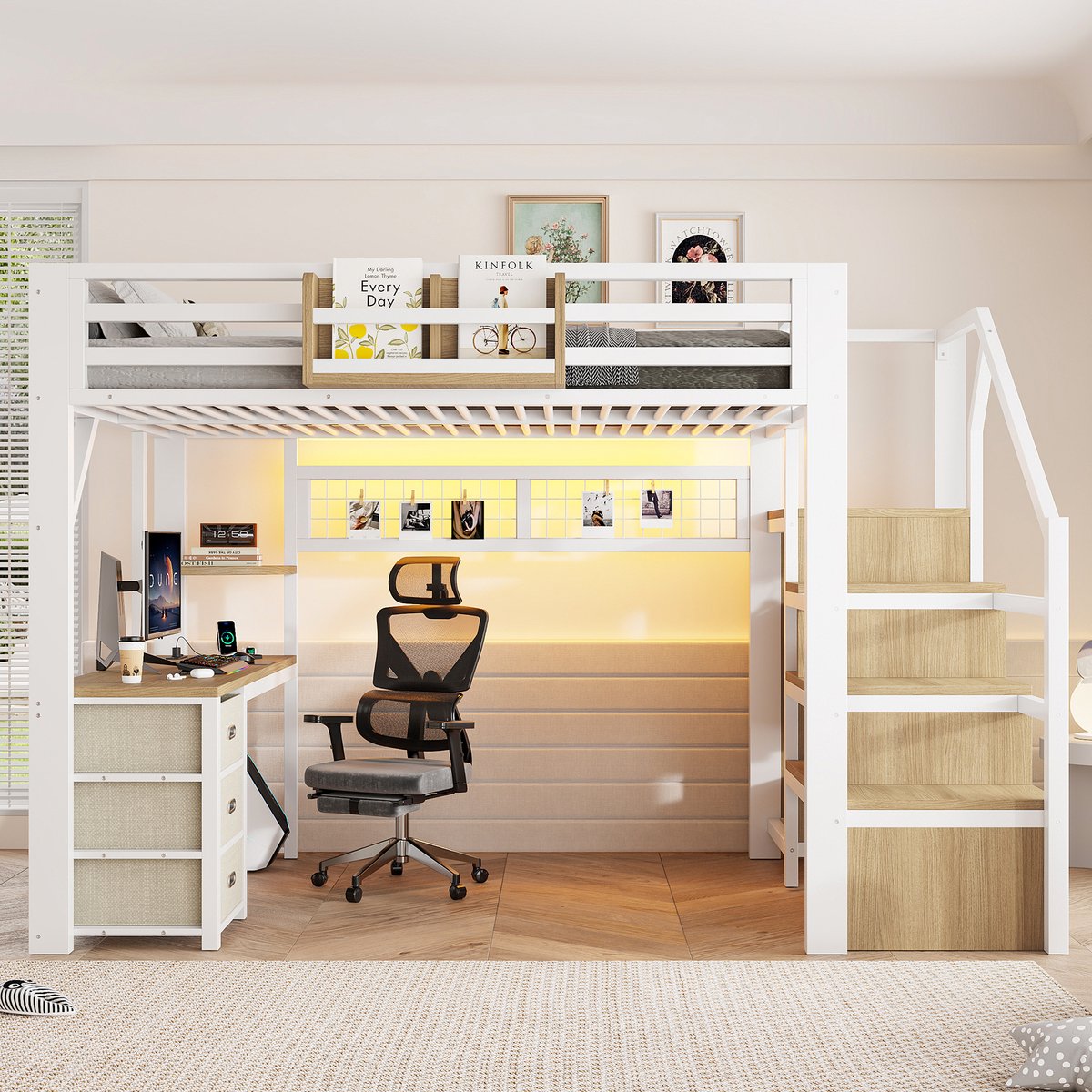 Kinderbed, Metalen Hoogslaper Van 140X200 cm Met Bureau, 3 Lades, Opbergvakken En Kledingkast; LED-Verlichting-Wit