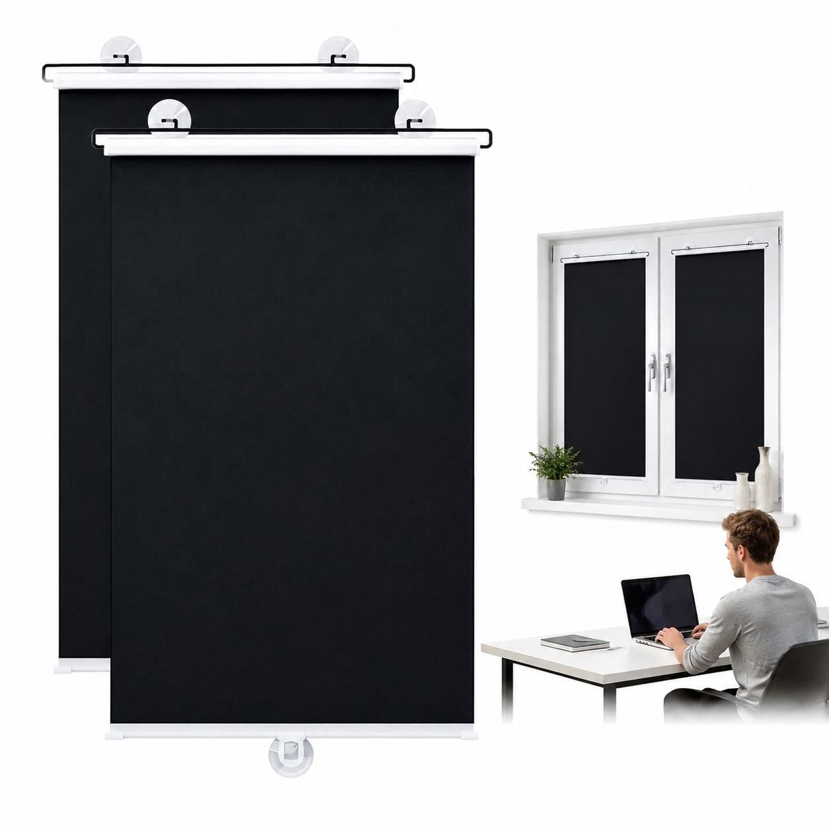 Bobypet - Verduisterend rolgordijn - 2 stuks 45 x 125 cm met zuignappen - zonder boren voor thuis, reizen en auto