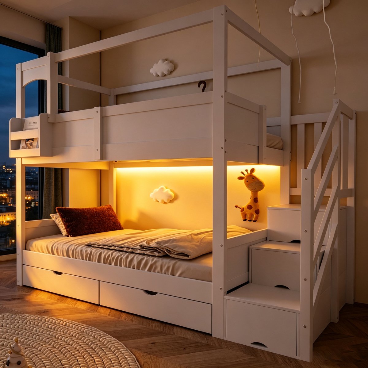 Kinderbed, Stapelbed Voor Kinderen, 90*200 cm, Bedframe In Kajuitstijl, Met Flexibele Opbergvakken En Een Creatief Krijtbord, Met Ladder En Lades, Tweepersoonsbed Voor Jongens En Meisjes, Wit