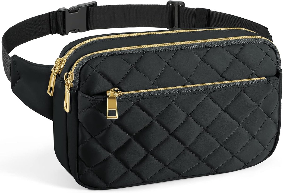 Grote Gewatteerde Heuptas Dames - Zwarte Nylon Crossbody Tas met Rits - Modieuze Oversized Bum Bag voor Sport, Fitness, Reizen, Wandelen en Hardlopen