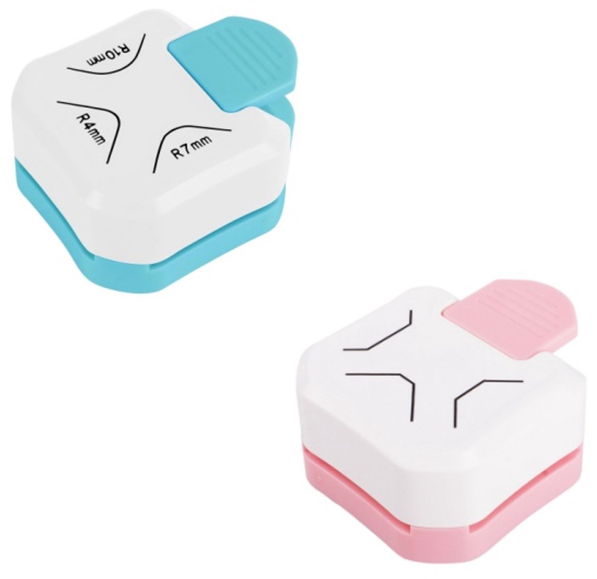 2er Set Eckenstanzer für Papier – 3-in-1 Rundstanzer & Eckenschneider – Für Scrapbooking, Karten, Fotos & DIY Bastelarbeiten – Mit 3 Rundungen und 3 Eckgrößen – Wit + Roze
