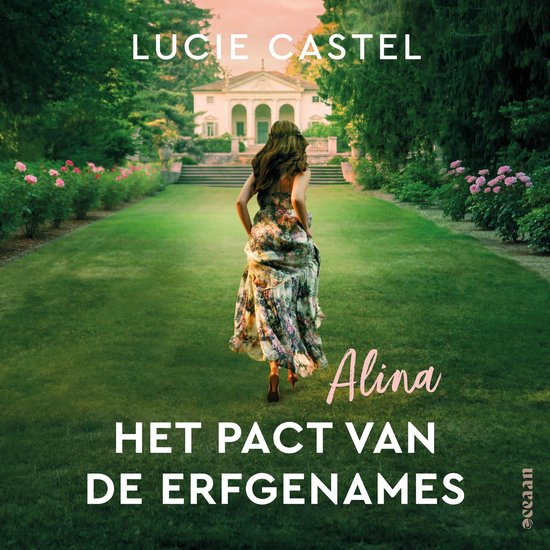 Boek 'Alina' - Het pact van de erfgenames, met Lucie Castel op de cover, die wegrent in een bloemenjurk.