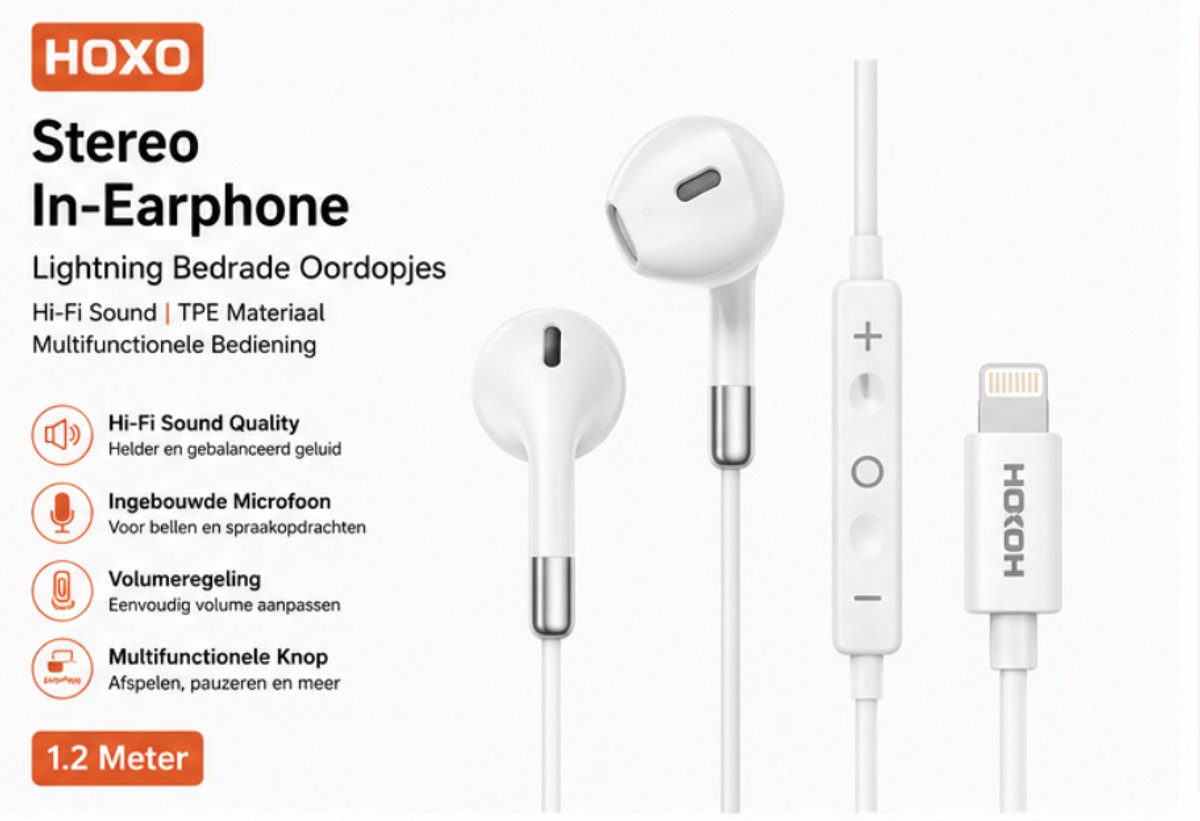 HOXO Bedrade Oordopjes met Microfoon - Lightning Aansluiting - Stereo Earphones - Volumeregeling & Multifunctionele Bediening - 1.2 Meter - Wit - Geschikt voor iPhone