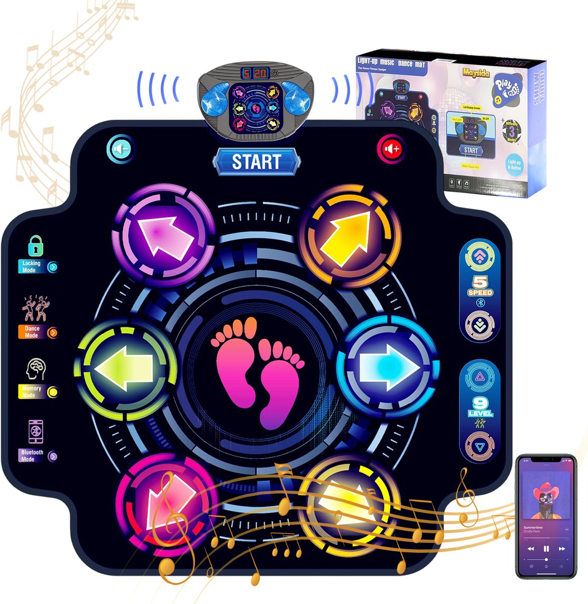 Bluetooth Dansmat Kinderen - Interactieve Muzikale Dansmat - 6 Danstoetsen - 9 Moeilijkheidsniveaus en 5 Snelheden - LED-Scoreweergave - Antislip en Waterbestendig - Voor Dansen, Muziek en Actief Spelen Thuis