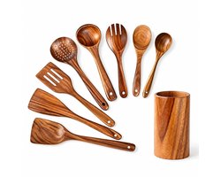 YYchan Keukengerei Set-Houten Keukengerei-9PCS-Keukengerei Houder Set-Teakhout-Antislip / Hittebestendig / Beschermt tegen verbranding-Voor Verschillende Soorten Kookgerei