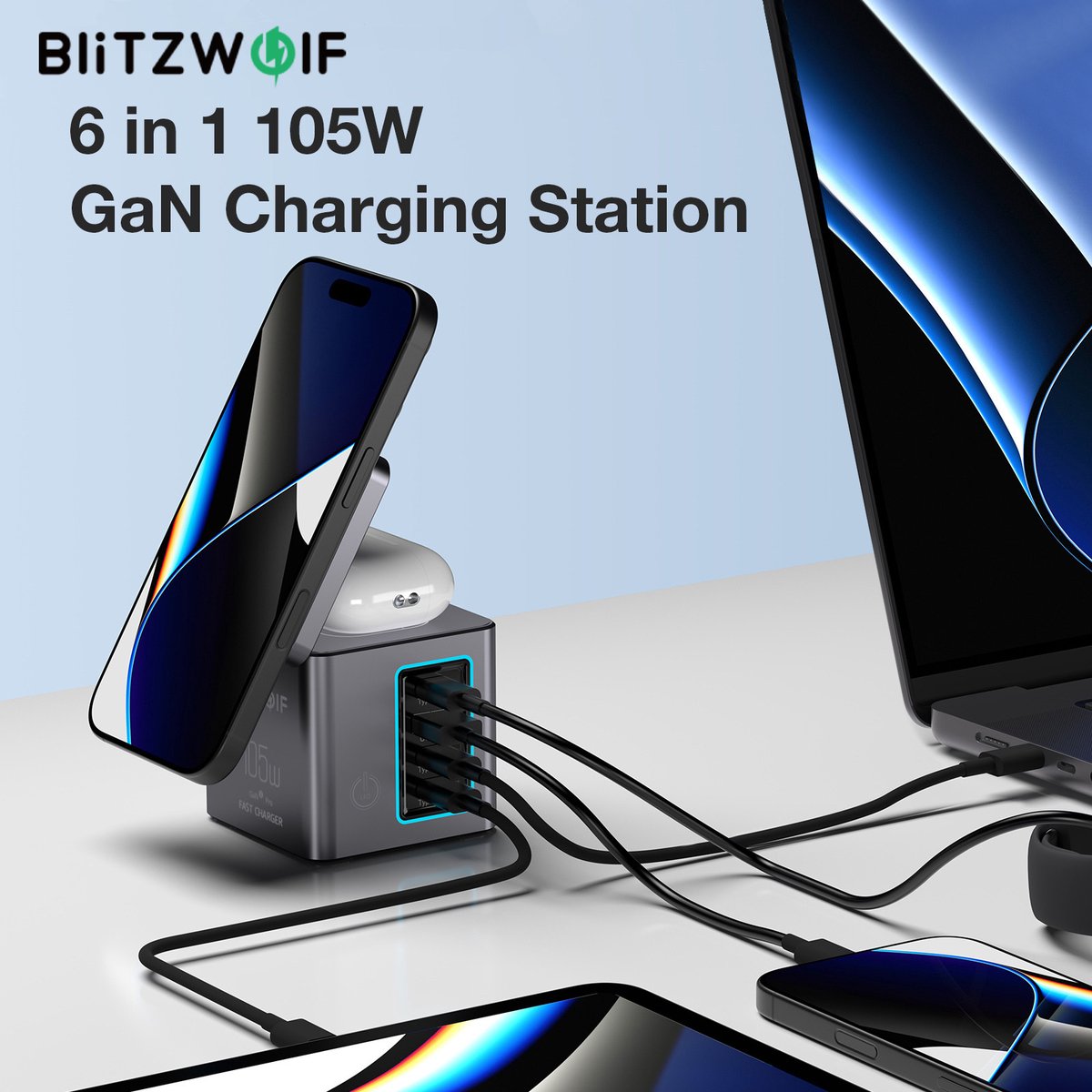 BlitzWolf BW-i113 Max 105W GaN Bureau Oplader 6-in-1 Laadstation met USB-C, USB-A, Draadloze Oplader en Snelladen voor iPhone, Samsung, iPad, MacBook — cadeau in Gadgets - foto 3