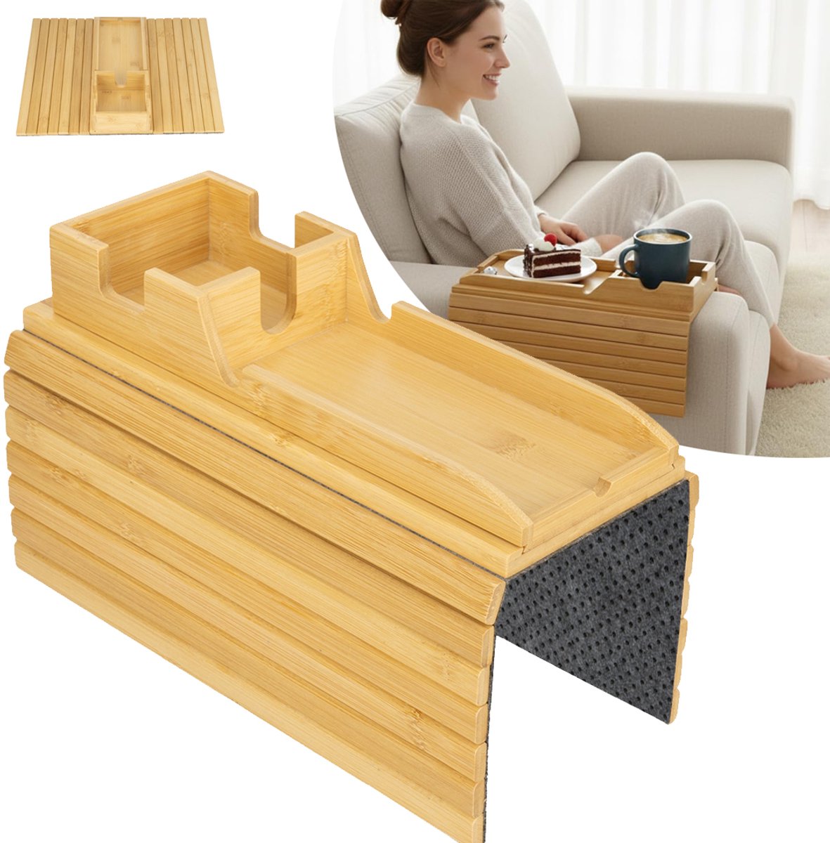 Bamboe Bankarmleuning Tafel - Bankarmleuning Met Bekerhouder - Antislip Opklapbare Salontafel - Voor Drankjes Mobiele Telefoon