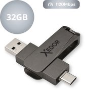 Donkergrijze Xedor USB-stick met USB-A en USB-C connectoren, 32GB, 1120Mbps.