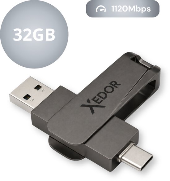 Donkergrijze Xedor USB-stick met USB-A en USB-C connectoren, 32GB, 1120Mbps.