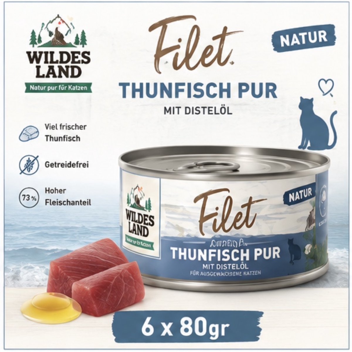 Wildes Land Wildes Land Filet Tonijn Puur - Katten natvoer - 6x80gr