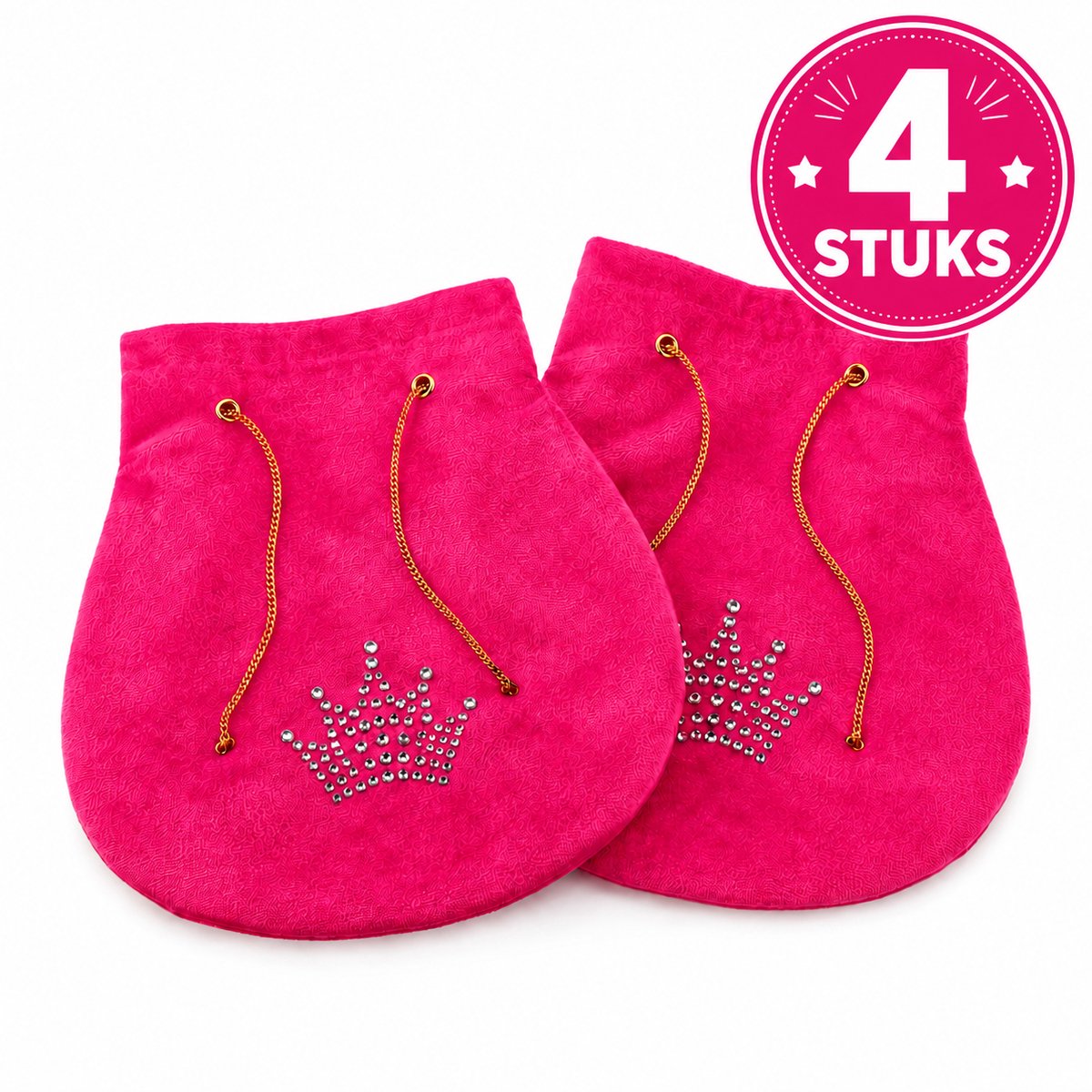 Roze Knikkerzak Prinses – Set van 4 – Fluwelen Opbergzakjes met Kroon & Trekkoord – Kinderfeestje – Feestartikel