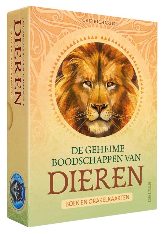 Doos met 'De geheime boodschappen van dieren', met een leeuw op de voorkant. De tekst 'BOEK EN ORAKELKAARTEN' is zichtbaar.