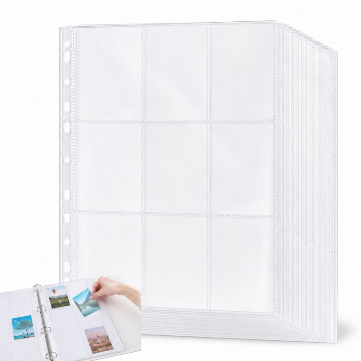 Fotohoezen - A4 TransparantFotobladen - TweeVak -Foto Insteekhoesjes -50 Stuks - voor 2/3/4 ringbanden - Zakformaat 10.1 x 7.1cm