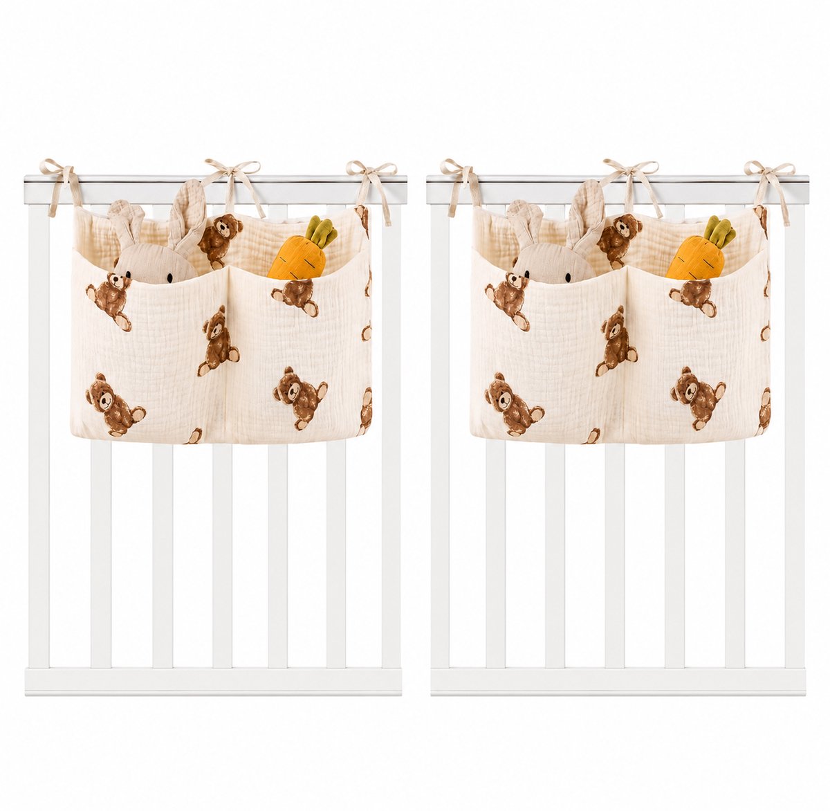 Boxopbergtas - Set van 2 - Ledikant Organizer - Hydrofiel Katoen met 2 Zakken & Strikbandjes - Geschikt voor Babybed, Wieg, Box & Commode - 39 x 20 cm - Beige met Beertjes Print