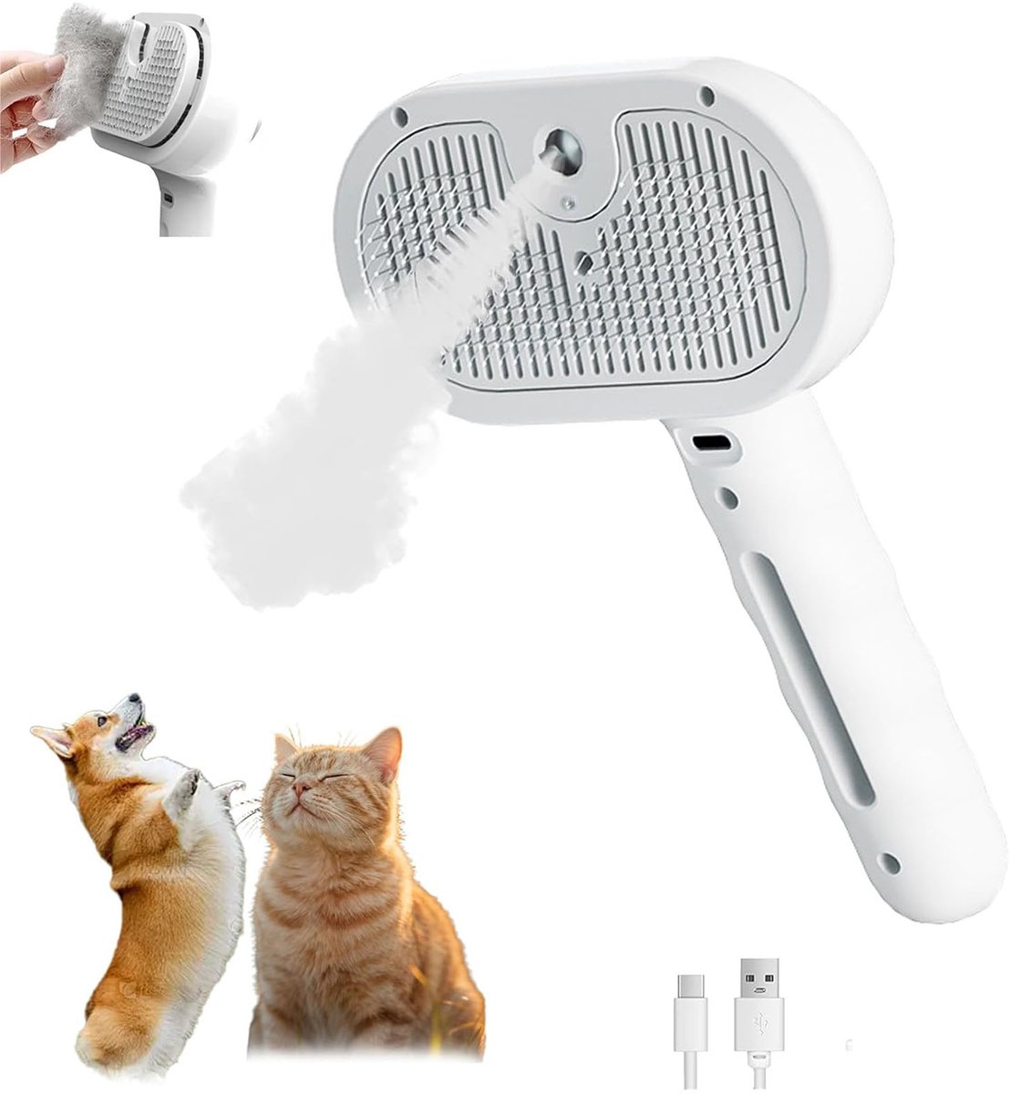 casalora Sprayborstel voor huisdieren - katten nevelkam - stoomborstel voor huisdieren - ontharingskam voor katten - met zachte nevelspray - geschikt voor katten en honden - vermindert statische elektriciteit en losvliegende haren - wit