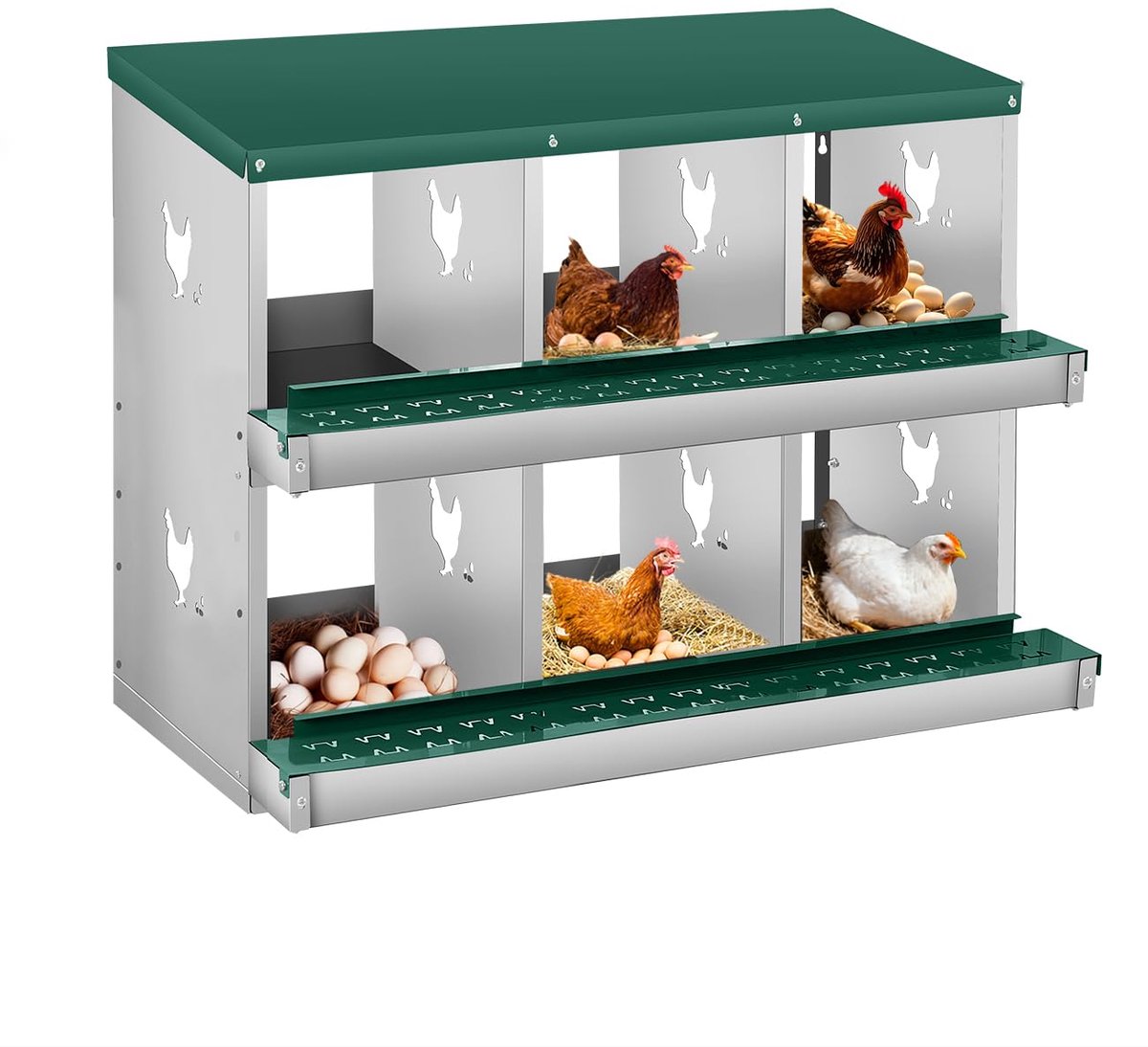 HoerFuriy - Kippenlegnest - Gegalvaniseerd Staal - Voor Buiten en Pluimvee - 84,5x42x67cm - 6 Afdelingen - Groen