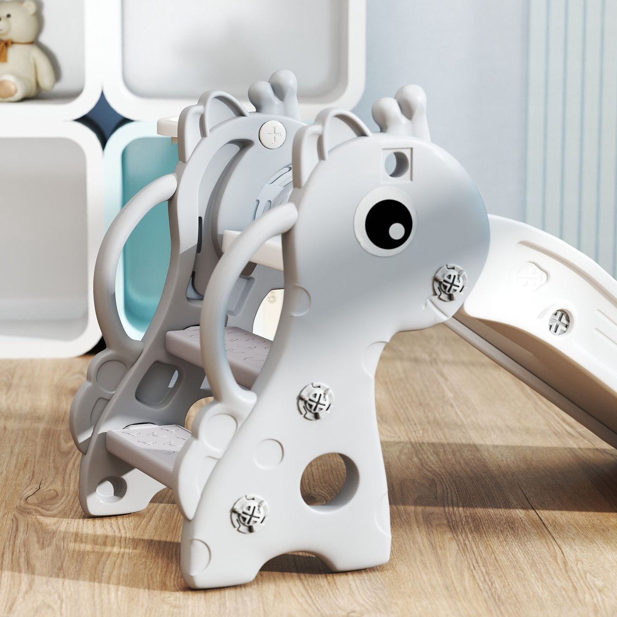 3 - in - 1 glijbaan voor kinderen - giraffevorm - basketbalring - bal - grijs